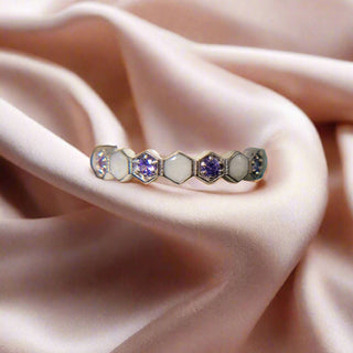 honeycomb breastmilk ring. amethyst accent stones, pearl shimmer