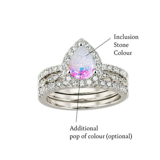 The Cassandra Teardrop Stacker Breastmilk Ring iridescent sparkle and pop of pink leaf