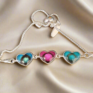 sea blue pearl/fuschia pink pearl/aqua pearl locks of hair Three Hearts Ashes Bracelet